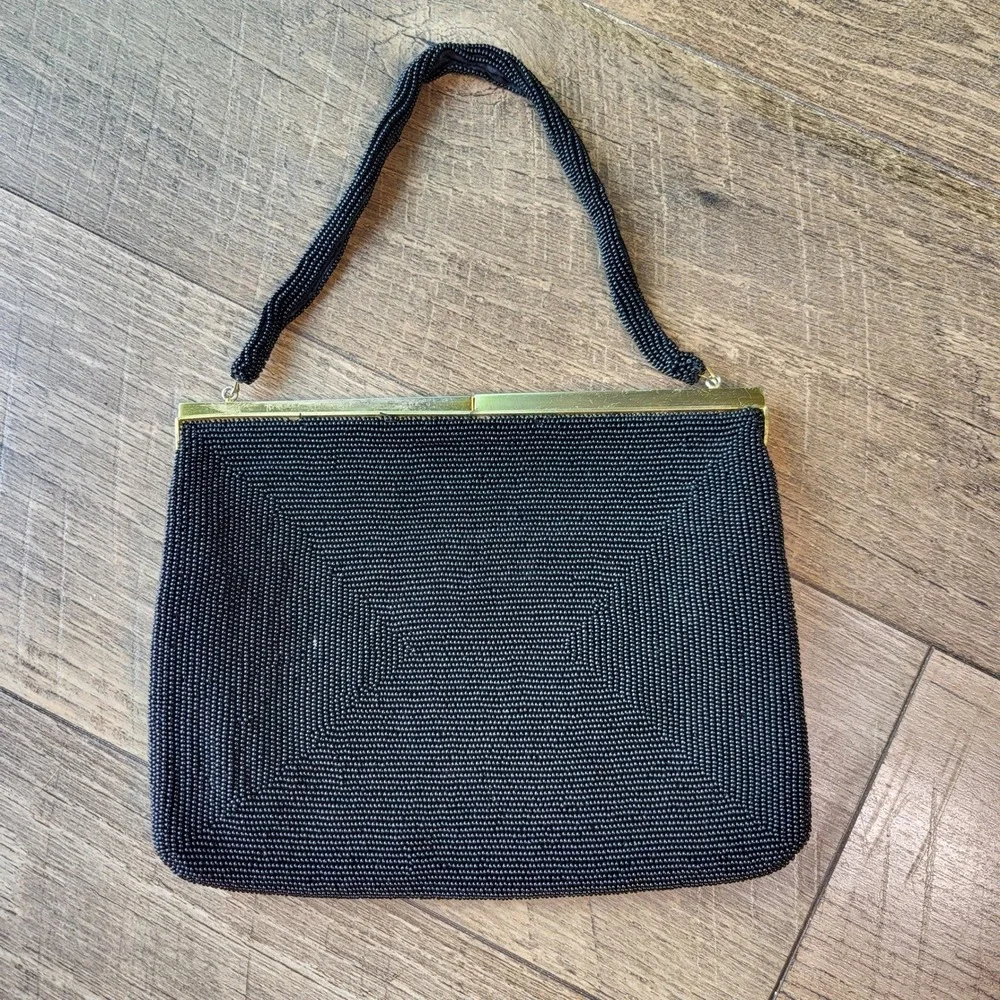 Walborg Vintage Black Bead Evening Bag Hand Made in Japan Gold Tone Frame Purse